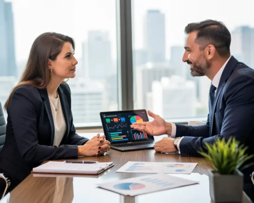 woman and financial analyst meet