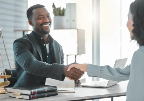 business people handshake and lawyers for introduction