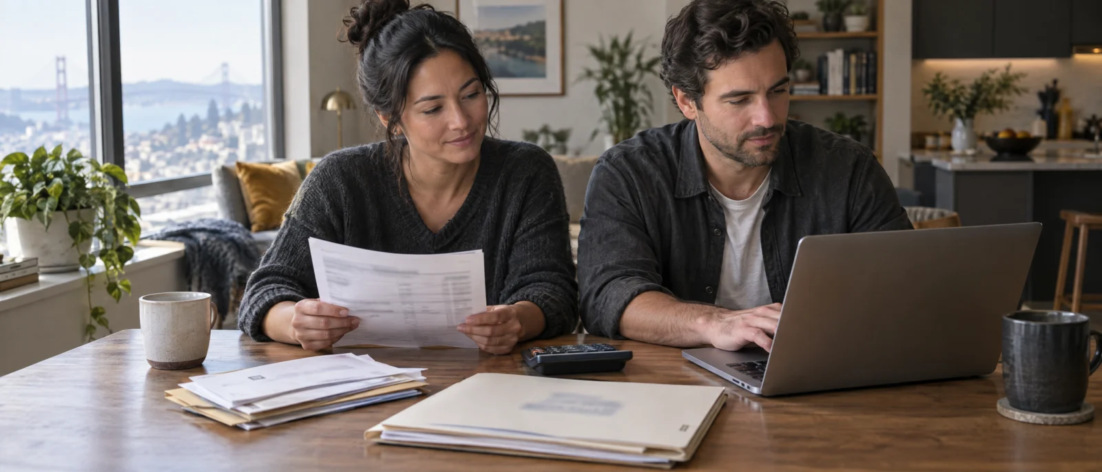 Couple paying bills together, showing shared finances during cohabitation before marriage in California | WGS Law Firm | California Family Law Couple paying bills together, showing shared finances during cohabitation before marriage in California